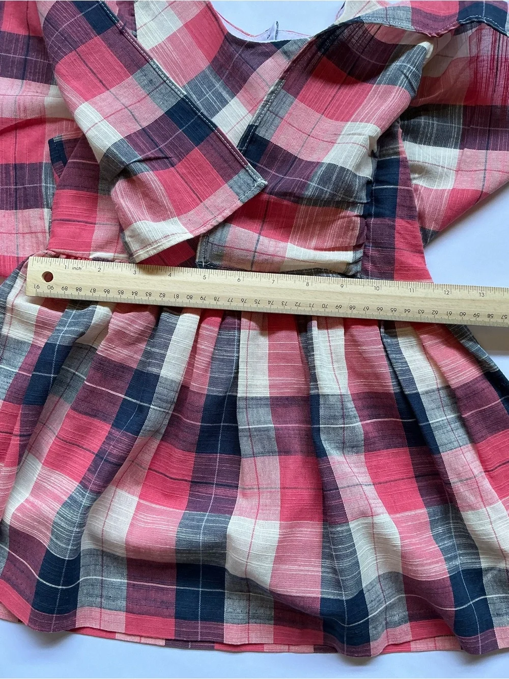 Bonnie Jean Plaid Flutter-Sleeve Dress in Coral, Navy and Cream